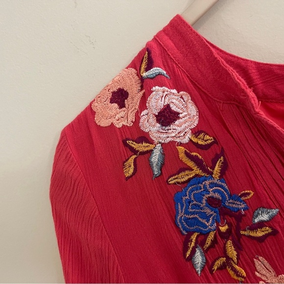 Free People Coral Red Embellished Long Sleeve Mini Dress Boho Festival Vacation - Picture 5 of 9